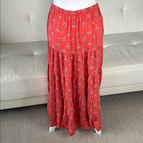 Free People NOVA Coral Floral Tiered Maxi Skirt - Elastic Waist with Drawstring - Picture 9 of 13